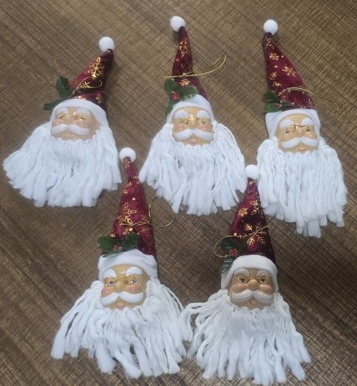 Vintage Santa Head Ornament by Greenbrier Intl Wool Beard 11" Christmas SET 5