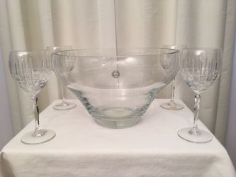 Hand Crafted Punch Bowl w/ 4 Lead Crystal Goblets/Glasses