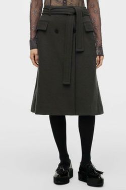 Zara Brand New  100% Wool-Blend Dark Olive A-Line Skirt with Tie Belt