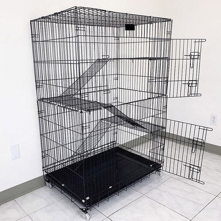 (NEW) $75 Folding 3-Tier Cat Cage 56” Tall Collapsible Metal Kennel 36x24x56” w/ Tray & Caster 