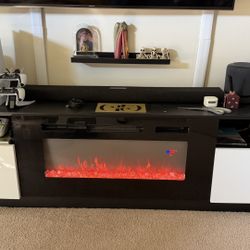 MXV 80" Fireplace TV Stand for TVs Up to 90", LED Light Entertainment Center with 36" Electric Fireplace, Modern Wood Texture TV Media Console with Hi