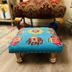 Embroidered Elephants Ottoman  turquoise foot  stool 