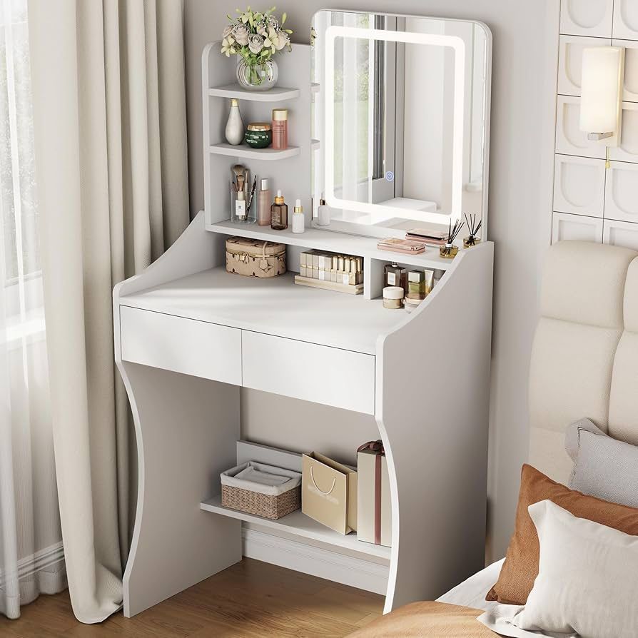 Vanity Desk with Mirror and Lights, Small Makeup Vanity Desk with Three Shelves, White Vanity with Storage Drawers, Bedroom