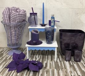 Purple items...3 yards of fabric...large vase, pet stairs/step stool,, ornaments, matching trash can, toothbrush holder and cup...take all ....great