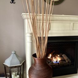 LARGE Vintage 1970s Pencil Reed Rattan Floor Vase with Bamboo Stick Bunch