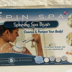 5 in 1 Spinning Shower Scrubber, Battery Operated, Long Handle, High/Low Speed Adjustments - Exfoliation, Cleansing, Massaging - For All Skin Types