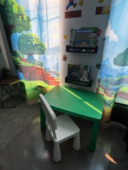 Green kids table with chair