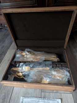 Powell Collection Gold-Tone Flatware Set – 44 Pieces with Wooden Chest