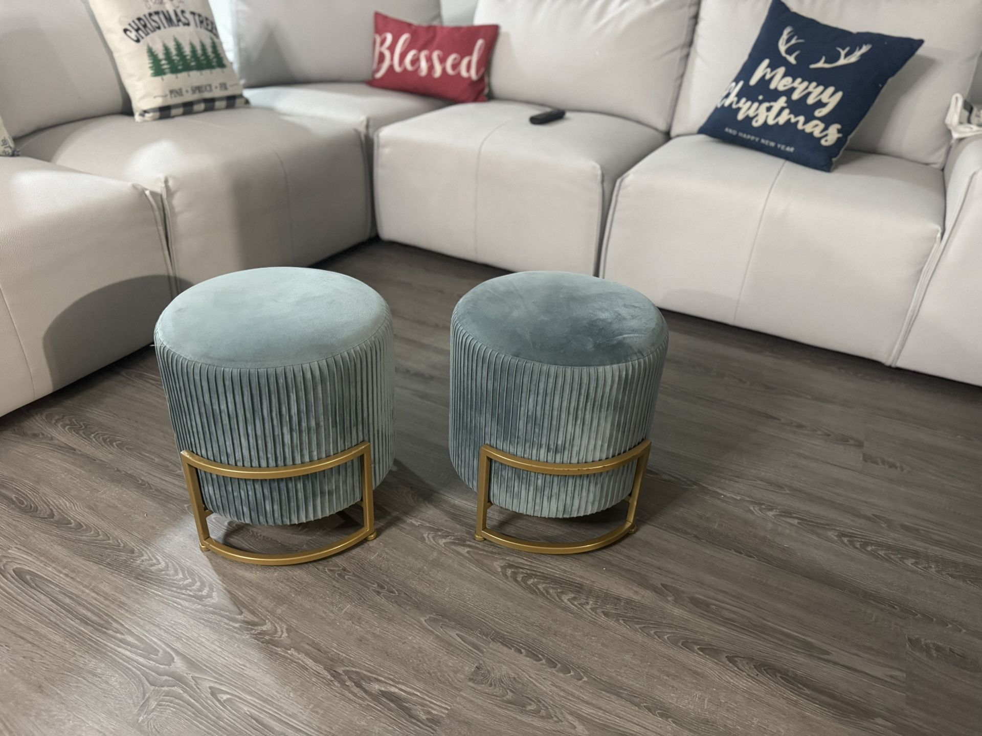 Set of 2 Teal Velvet Ottomans w/ Gold Base