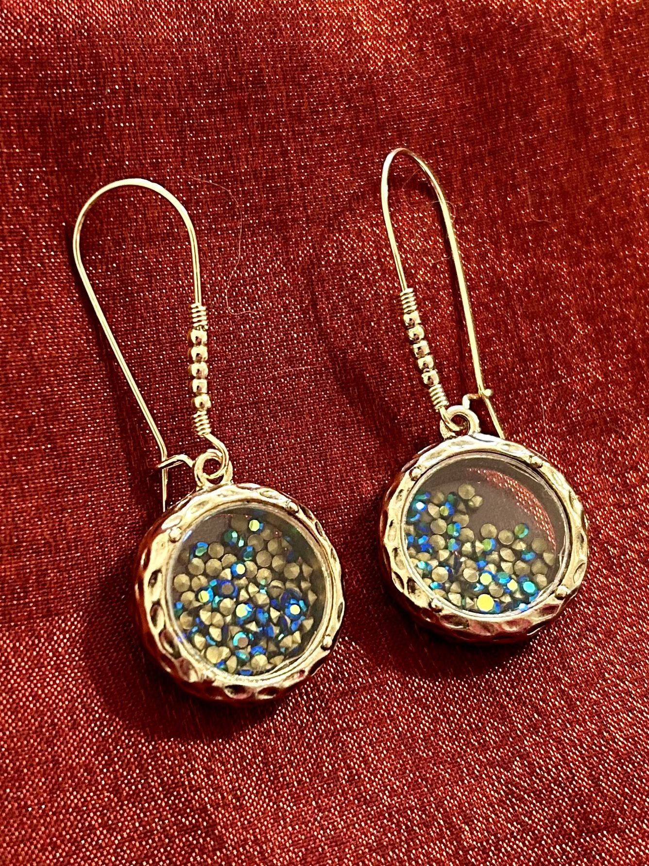 Round Glass Gold Pendant Floating Gold Blue Gems Kidney Wire Dangle Earrings Costume Jewelry