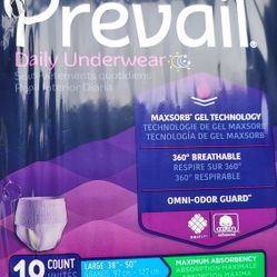 Womens Prevail underwear, pull-ups, Large 38-50 waist, 18ct, maximum absorbent.  East, west, north.