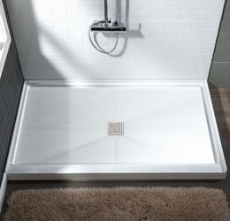 SBR4C Solid Surface ShowerBase with Recessed Trench Side Including StainlessSteel Linear Cover, 48"Lx 36" W x4 H,Center DrainWhite Color