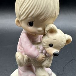 Precious Moments 1977 “JESUS LOVES ME” Boy With Teddy Bear. Original 21