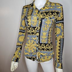 Womens Chain Printed Black/Gold Long Sleeve Collar Button Up Size S