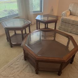3-Piece Wooden Living Room Table Set w/ Glass Tops