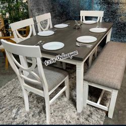 ✅️✅️(6 pc white & grey finish wood dining table set grey padded seat chairs and bench✅️✅️✅️