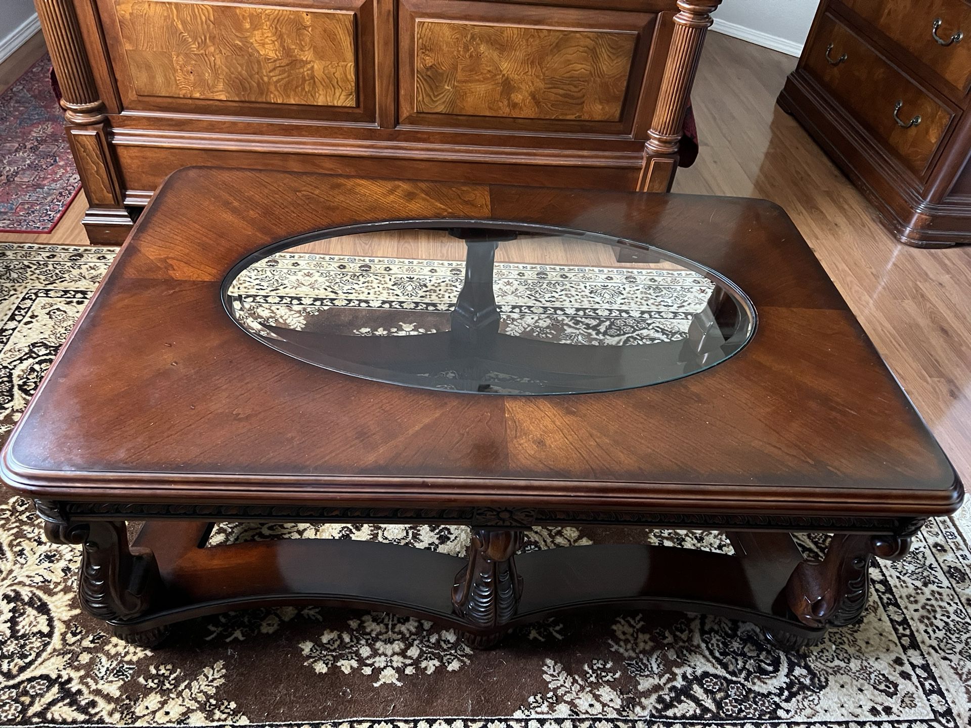 Solid Chery Wood Finished Coffee Table w/ Glass Insert