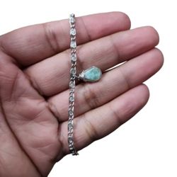 Silver Toned Swirl Link Bracelet or Arm Band Green Enamel Charm