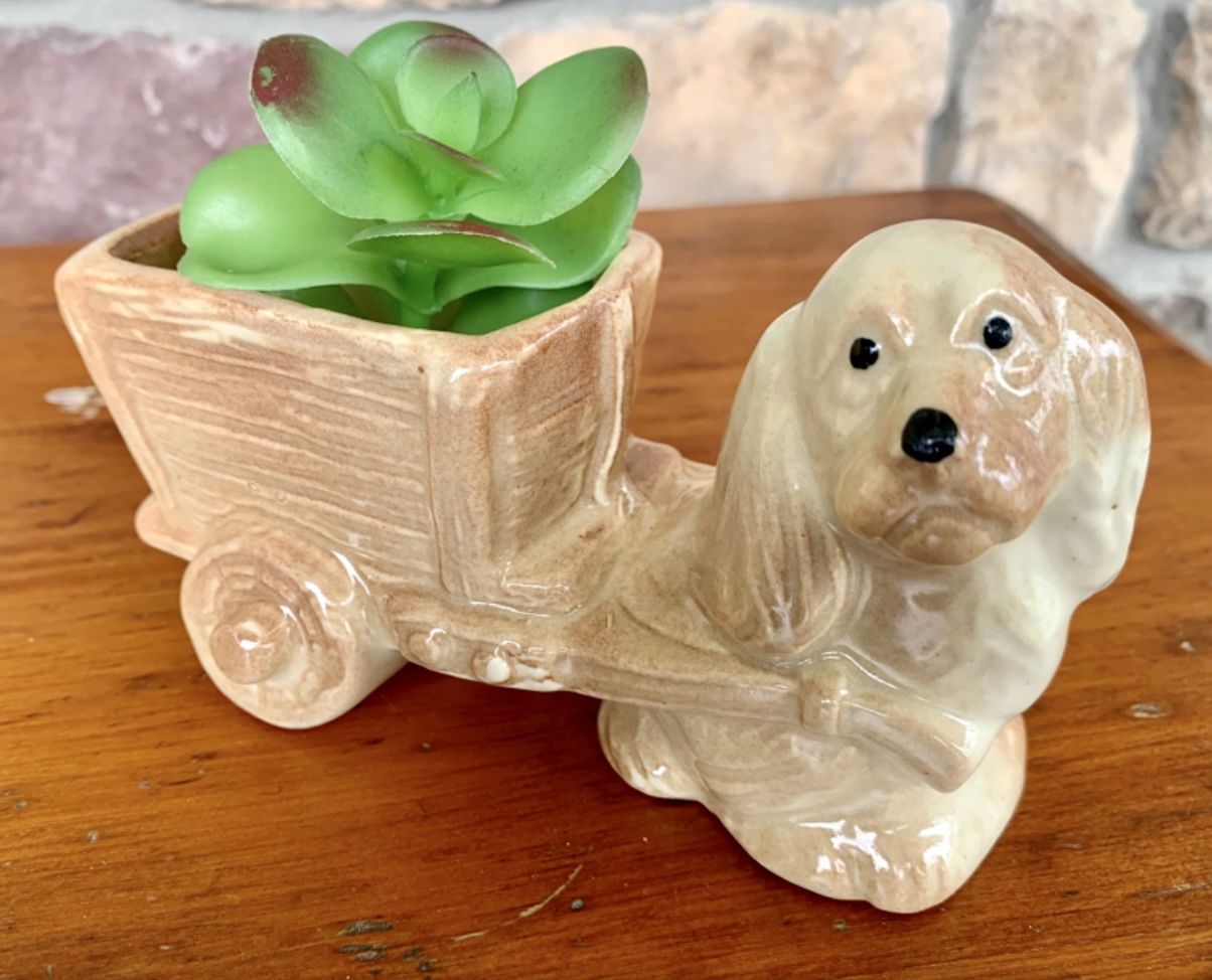 Vintage Ceramic Planter Spaniel Dog Pulling Cart