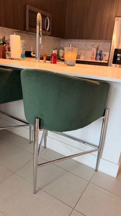 Set of 3 Emerald Green Velvet Counter Stools with Chrome Legs