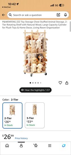 New oy Storage Chest Stuffed Animal Storage, 2-Tier Rotating Shelf with Natural Wood,