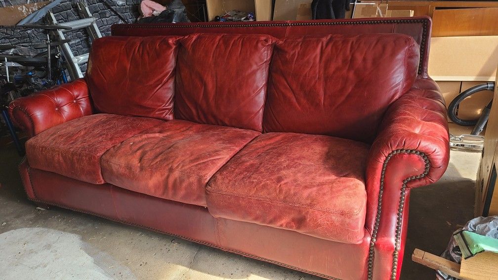 Red Leather Couch Studded 3 Seat Sofa Obo Pickup Only Midlothian