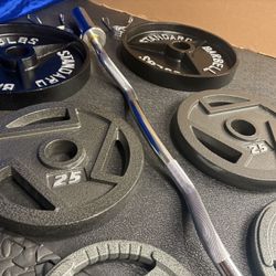 NEW Olympic Equipment Curl Bar of 20# with Cooper Bearings and Plates 2X35s, 2X25s, 2X10s and 2X5s pounds. Brute 170#