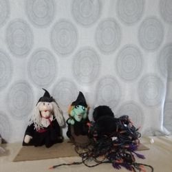 Spider With Halloween Lights Attached Green witch With Broom White Witch