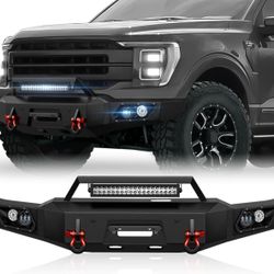 Pickup Truck Front Bumper Compatible with 2021-2024 Ford F150 F-150 with Winch Plate, LED Lights, License Plate Bracket, Sensor Holes & D-rings, Black