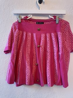 Pink Plaid Skirt Set With Gold Buttons Size :L