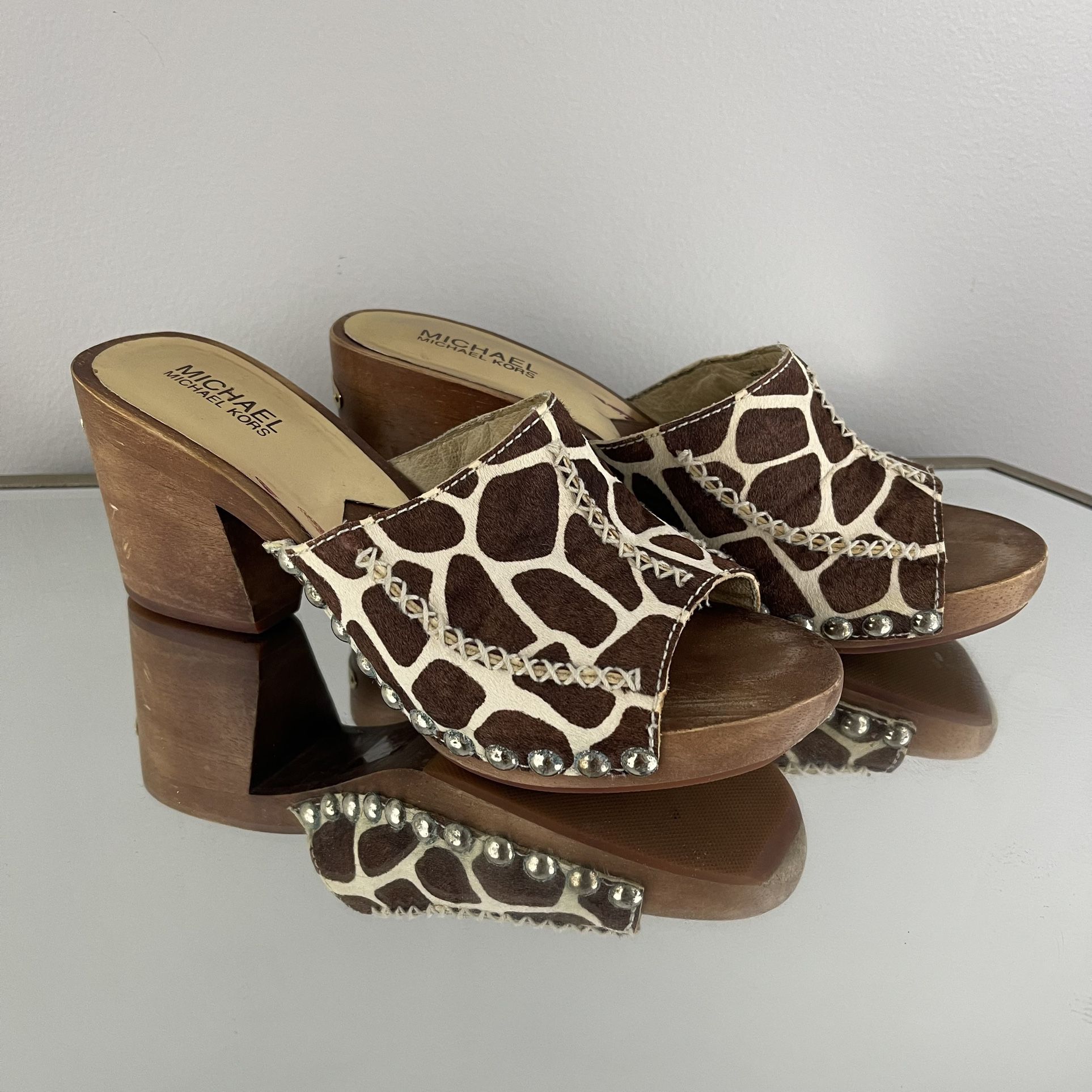 MICHAEL KORS Brown Creme Giraffe Printed Calf Hair Wooden Platform Heel Sandals