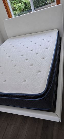 Queen Dorel Leather Platform Bed Frame and Sleepys 10.5" Pillowtop Mattress