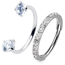 Double Gem U Hoop Titanium Mircro Gem Hoop Double Piercing Nose Ring Pack