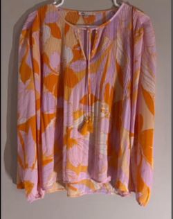 Women's Sz Medium Blouse Top Orange Pink Tassel Ties Polyester Ribbed Retro Flowy Lined Shirt NEW