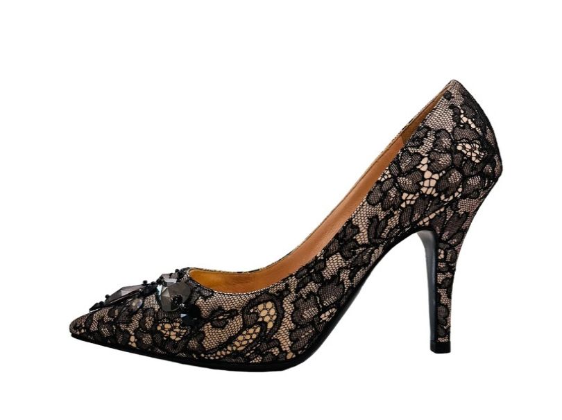 SEQUIN JEWEL W/ NUDE SATIN & BLACK LACE POINTY PUMPS