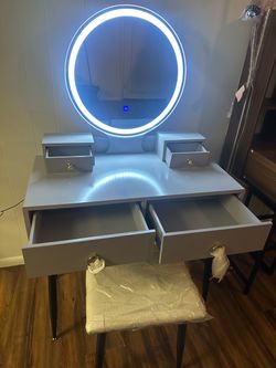 Costway Vanity Makeup Dressing Table Stool Set 3-Color Lighted Mirror with Drawers Gray