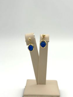 18K YELLOW GOLD BLUE STONE DROP EARRINGS 2.49G USED