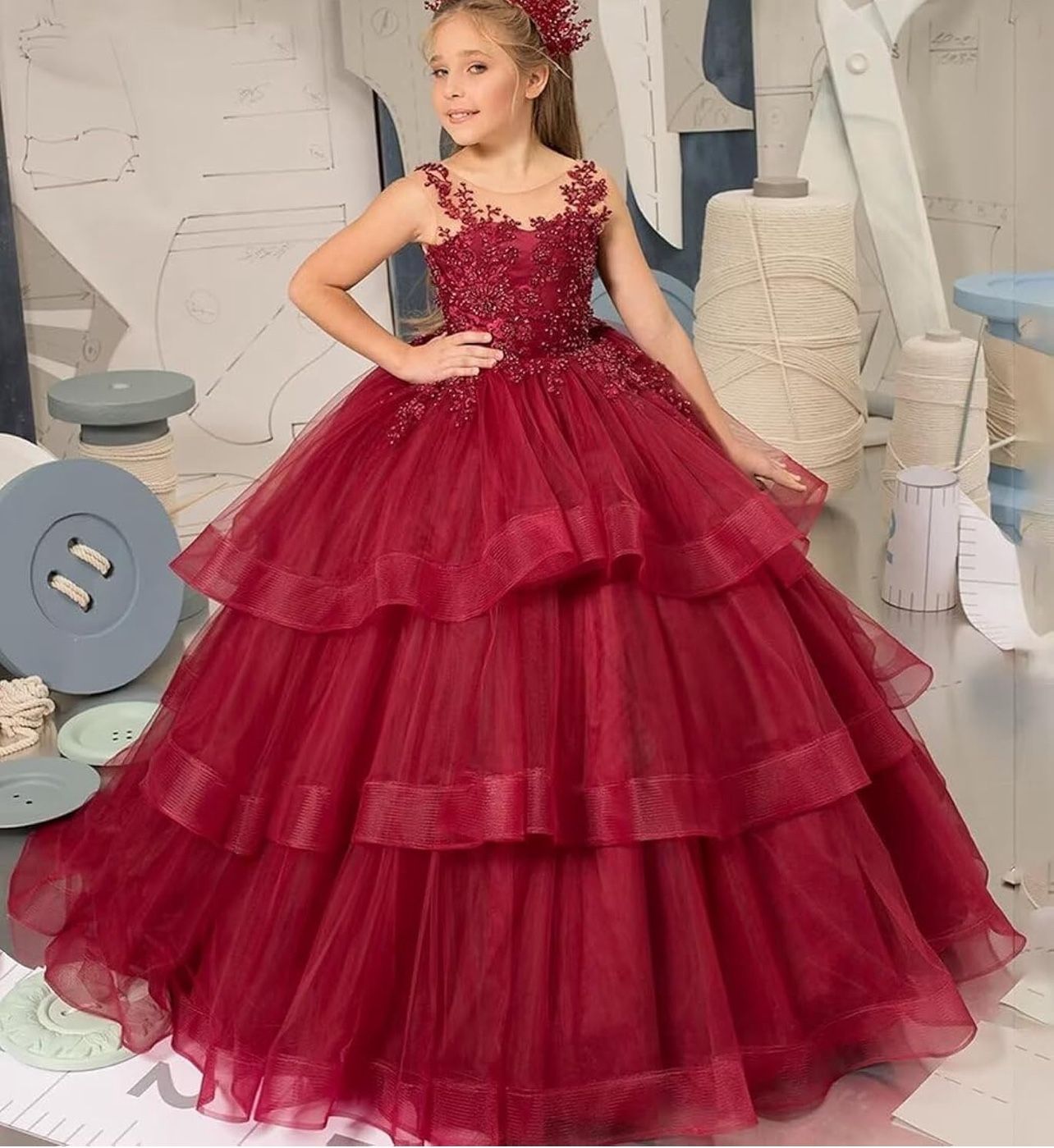 Girls' Special Occasion Tulle Tiered Dress with lace appliqué