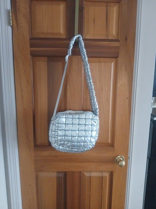 Silver Puffer Bag With Cross Body Strap