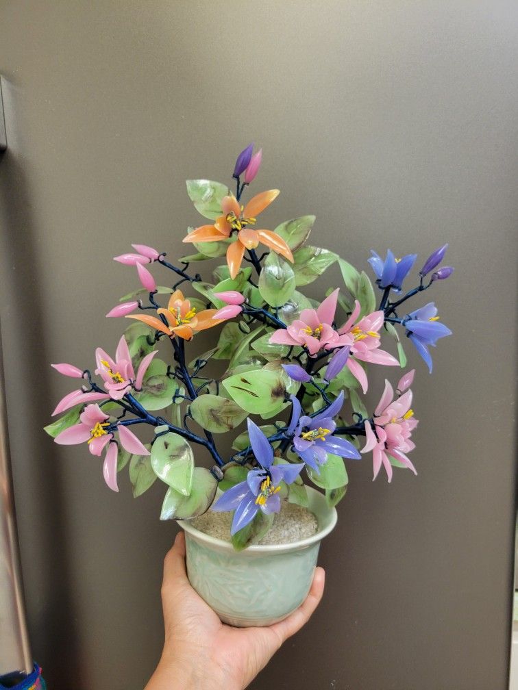 Vintage Chinese Oriental Bonsai Jade Glass Tree Pink Orange Purple