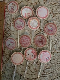 Hello kitty 15 th birthday handmade cupcake toppers