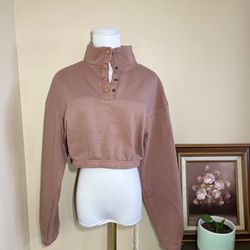 ANWND Pink Cropped Half Button Up Collar Sweatshirt XS