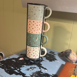 Holiday Stoneware Mugs Set 13.5 Os With Word Tower