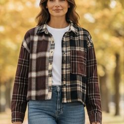 Forever 21 Flannel Shirt Women’s Size Small Color Block Plaid Prints Cropped Long Sleeve Button Up