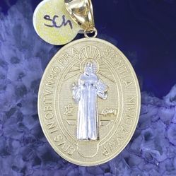 $900 Two Tone Yellow And White Gold Saint Benedict San Benito Religious Charm Pendant