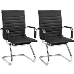 Assembled New 2 x Faux Leather Office Reception Chair Without Wheels Mid Back Ergonomic Guest Chairs
