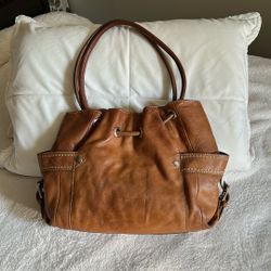 Fossil Tan Leather Hobo Bucket Bag 