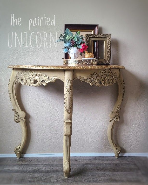 Ornate refinished demi lune half moon hallway table