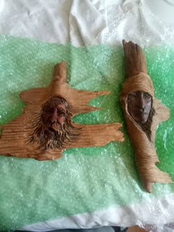 Vintage Stuart Taylor Rabb Signed Folk Art Wood Carvings - Pair