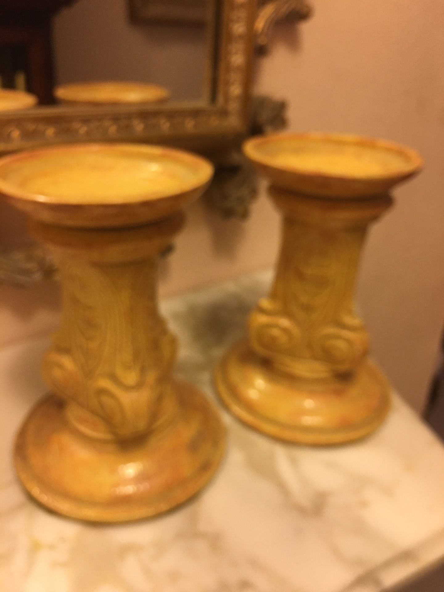 Mid century ochre glazed ornate candle holders mint